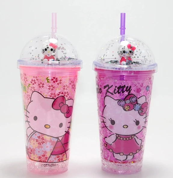 Sevimli Hello Kitty Işıklı Pipetli Boncuklu Suluk & Bardak 400 Ml  Alk4706 ürün görseli 1