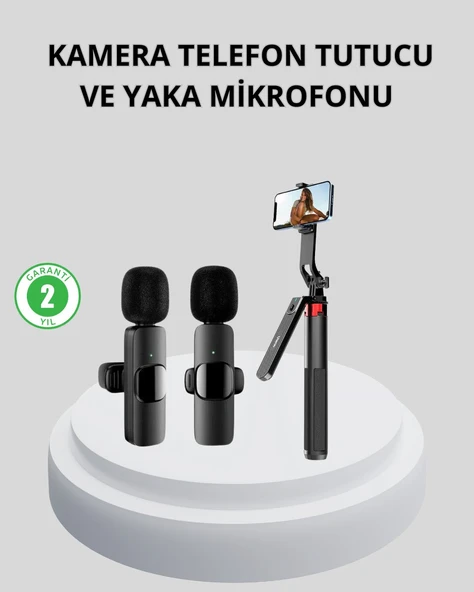 Kablosuz Çift Yaka Mikrofonu ve Tripodlu Selfie Çubuğu İçerik Üretici Seti ürün görseli 1