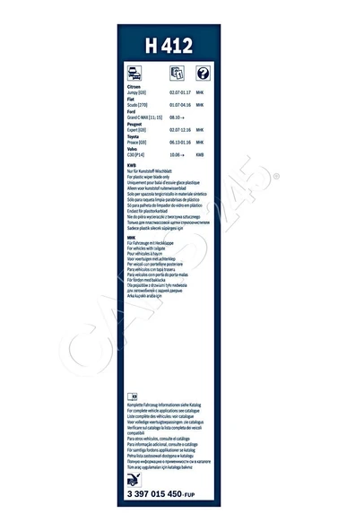Silecek Süpürgesi Expert / Scudo / Jumpy 07Sonrası Arka H412 (400Mm) (Oem No: 3397015450) ürün görseli 1