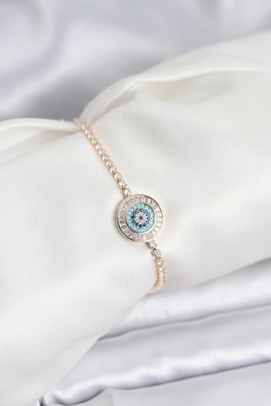Gold Renk Nazar Model Zirkon Taşlı Asansörlü Su Yolu Bileklik - TJ-BB8238 ürün görseli 1