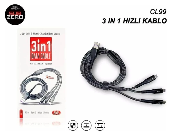 Sub Zero 3 Farklı Girişli Data Şarj Kablosu Cl99 ürün görseli 1