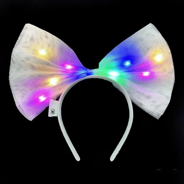 Rengarenk Led Işıklı Fiyonk Şekilli Tül Parti Tacı Beyaz Renk 25x25 cm ürün görseli 1