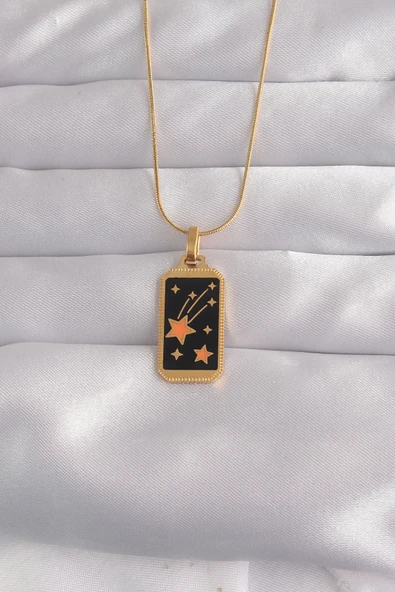 316L Çelik Gold Renk Siyah Mineli Yıldız Figür Tarot Kolye - TJ-BKO9028 ürün görseli 1