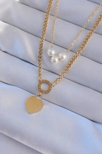 316L Çelik Gold Renk Çift Zincir İnci Detayı Love Kalp Kolye TJ-BKO8939 ürün görseli 1