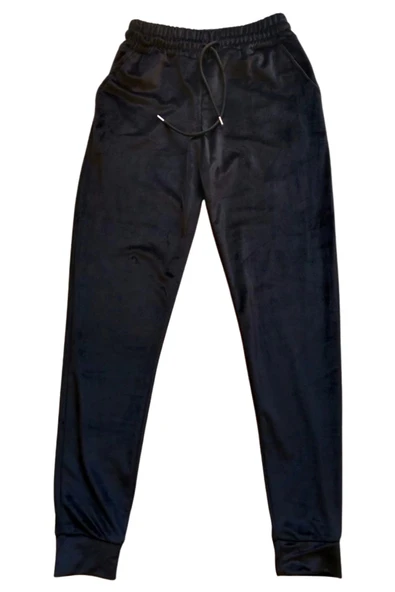 Parlak Kadife Cepli Pantolon Eşofman Pijama Altı Unisex Lastikli Paça Siyah ürün görseli 1