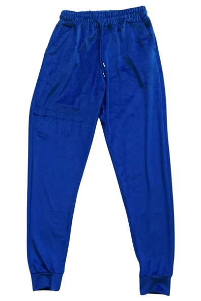 Parlak Kadife Cepli Pantolon Eşofman Pijama Altı Unisex Lastikli Paça Mavi ürün görseli 1