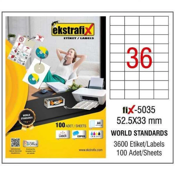 Ekstrafix Laser Etiket 100 Yaprak 52.5 x 33 mm Lazer Yazıcı Etiketi ürün görseli 1