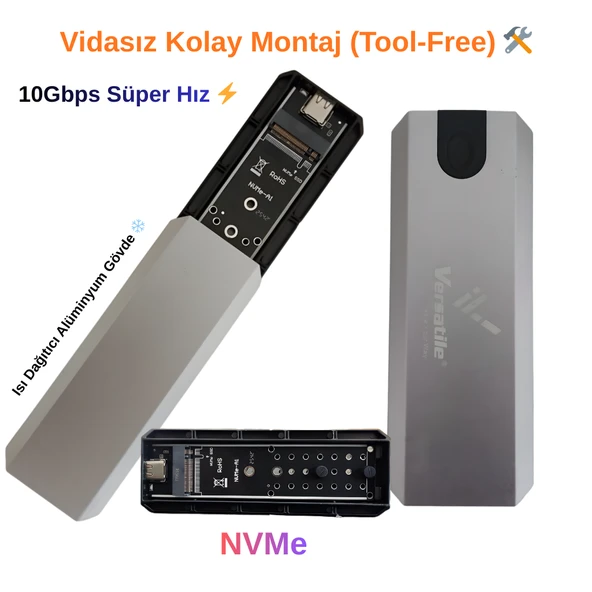 Versatile Vidasız M.2 NVMe SSD Kutusu - USB 3.1 10Gbps Yüksek Hızlı Alüminyum Kasa ürün görseli 1