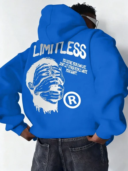 Erkek Baskılı Kapüşonlu Cepli Hoodie 3 İplik Pamuklu Sweatshirt - Saks Mavisi ürün görseli 1