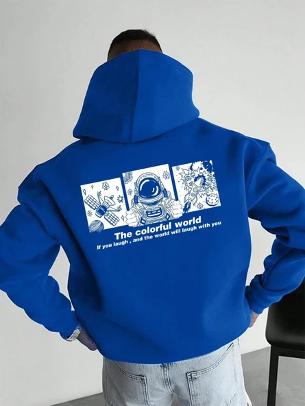 Erkek Baskılı Kapüşonlu Cepli Hoodie 3 İplik Pamuklu Sweatshirt - Saks Mavisi ürün görseli 1