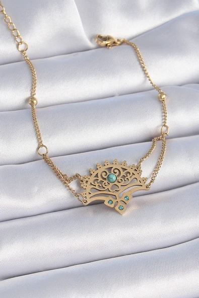 316L Çelik Gold Renk Mavi Taşlı Etnik Desen Kadın Bileklik - TJ-BB6437 ürün görseli 1