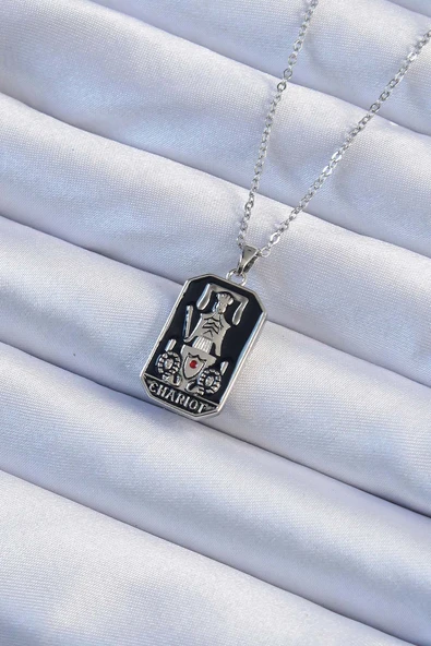 316L Çelik Zincir Gümüş Renk Siyah Mineli Tarot Kolye - TJ-BKO9246 ürün görseli 1