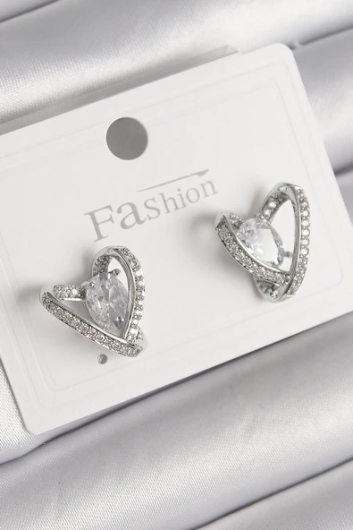 Pirinç Gümüş Renk Zirkon Taşlı Kalp Model Kadın Küpe - TJ-BKP9759 ürün görseli 1
