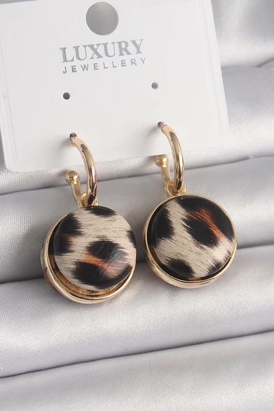 Pirinç Gold Renk Leopar Desenli Daire Model Kadın Küpe - TJ-BKP9878 ürün görseli 1
