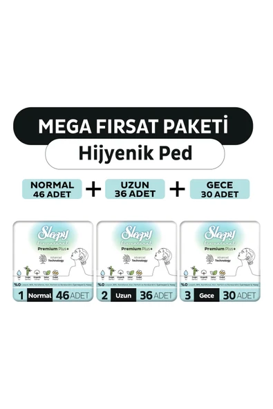 Sleepy Bio Natural Premium Plus Hijyenik Ped Mega Fırsat Paketi 112 Adet ürün görseli 1