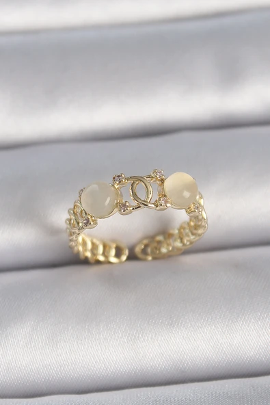 Pirinç Gold Renk Ayarlanabilir Zirkon Taşlı Beyaz Mineli Birleşik Halka Model Kadın Yüzük - TJ-BYK3402 ürün görseli 1