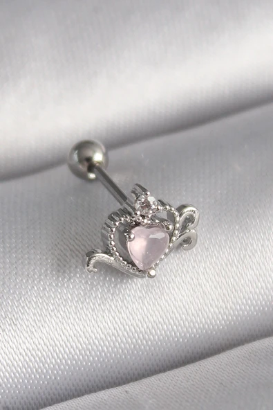 316L Çelik Gümüş Renk Pembe Mineli Kalp Zirkon Taş Detay Tragus Piercing - TJ-PR1261 ürün görseli 1