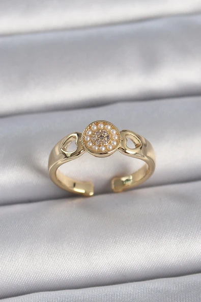 Pirinç Gold Renk Zirkon Taşlı İncili Kalp İşleme Detay Ayarlanabilir Kadın Yüzük - TJ-BYK3358 ürün görseli 1