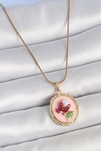 316L Çelik Gold Renk Zincir Pembe Mineli İncili Çiçek İşlemeli Portre Model Kadın Kolye - TJ-BKO10155 ürün görseli 1