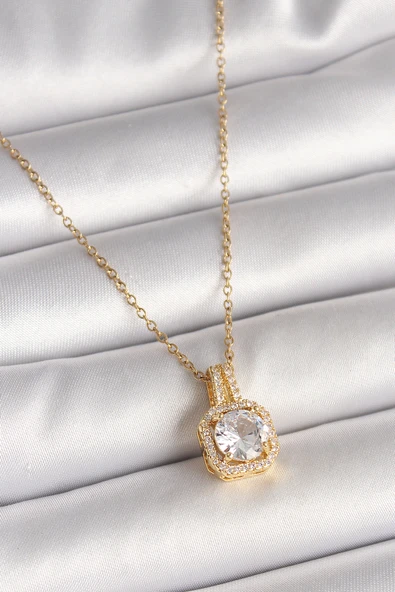 316L Çelik Gold Renk Zincir Zirkon Taşlı Kare Model Kadın Kolye - TJ-BKO9956 ürün görseli 1