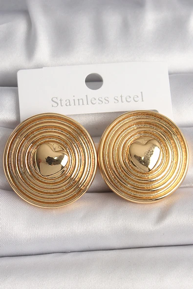 Pirinç Gold Renk Kalp İşlemeli Daire Plaka Model Kadın Küpe - TJ-BKP10155 ürün görseli 1