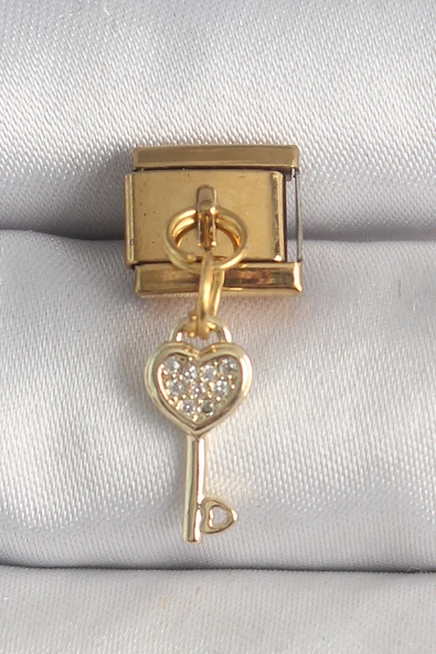 316L Çelik Gold Renk Sallantı Zirkon Taşlı Kalpli Anahtar Model Nomination Charm - TJ-BC1371 ürün görseli 1