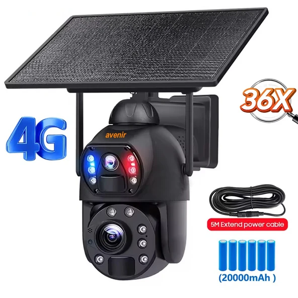 AVENIR AV-S436 6MP 36X Zoom Alarm Işıklı 2 Kameralı Solar PTZ 4G Sim Kartlı Kamera ürün görseli 1