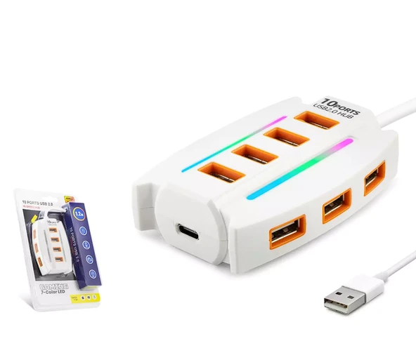 HADRON HDX-7037 USB Hub 7 Renk LED 10 Port 1.2 m - Beyaz (AVD-233) ürün görseli 1