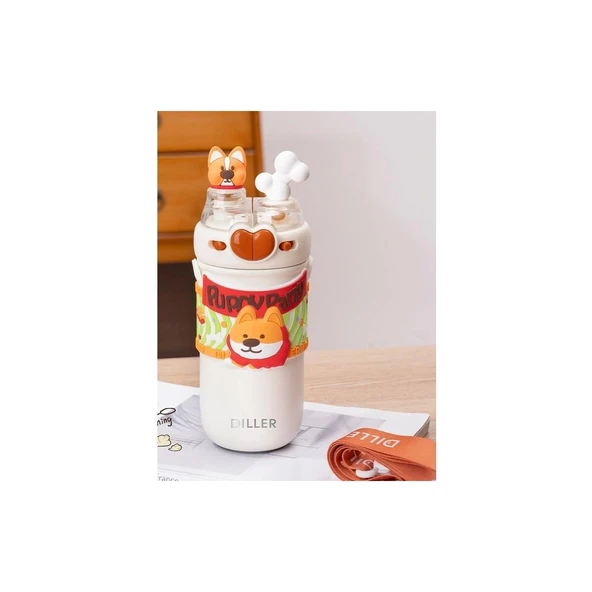 Vagonlife Dıller Paslanmaz Çelik Pipetli/pipetsiz Kullanım Çift Kapaklı Matara/termos D9239 520ML Sevimli Köpek ürün görseli 1