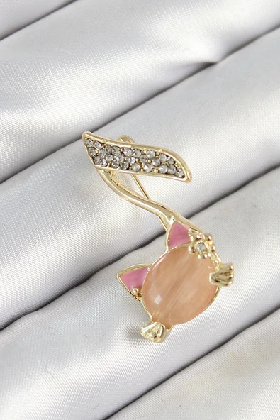 Zirkon Taşlı 3D Kedi Detaylı Nota Figürlü Gold Renk Kadın Broş - TJ-BR444 ürün görseli 1