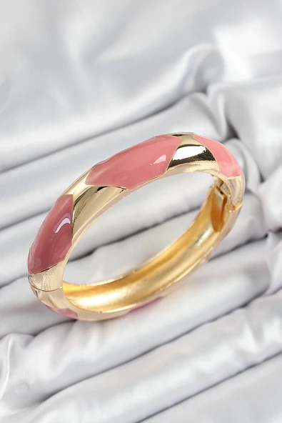 Pirinç Pembe Mineli Baklava Model Gold Renk Kadın Kelepçe - TJ-BB7329 ürün görseli 1