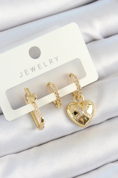 Pirinç Zirkon Taşlı Kalp Model Gold Renk 3'lü Çift Kadın Küpe Set - TJ-BKP10822 ürün görseli 1