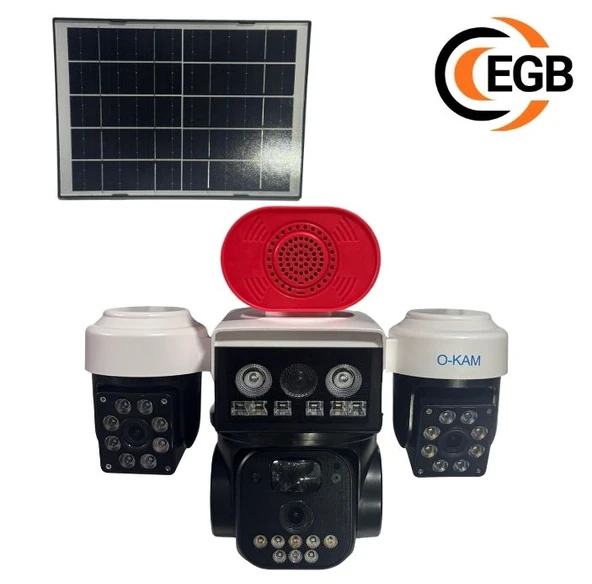 O-Kam 8095 3 Lens Sirenli Çakarlı Wifi Solar Kamera ürün görseli 1