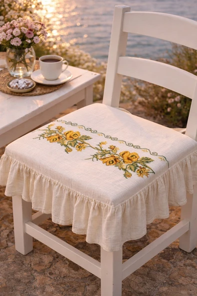 Romantik Ege SARI GÜL KANAVİÇE Nakışlı Fırfırlı Sandalye Minderi ürün görseli 1