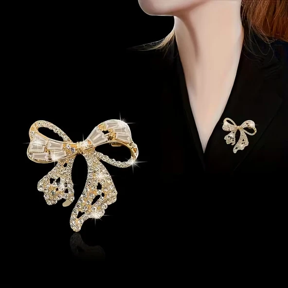 ? Altın Renk Şık ve Parlak Modaya Uygun Yeni Stil Benzersiz Rhinestone Fiyonk Bijuteri Broş ? ürün görseli 1
