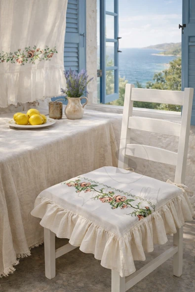 Romantik Ege TURUNCU GÜL KANAVİÇE Nakışlı Fırfırlı Sandalye Minderi ürün görseli 1