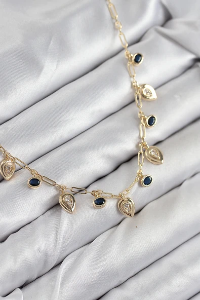 Pirinç Zirkon Taşlı Sallantılı Damla Model Gold Renk Kadın Kolye - TJ-BKO10494 ürün görseli 1