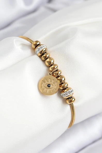 316L Çelik Zirkon Taşlı Göz Charm Model Gold Renk Kadın Bileklik - TJ-BB7842 ürün görseli 1