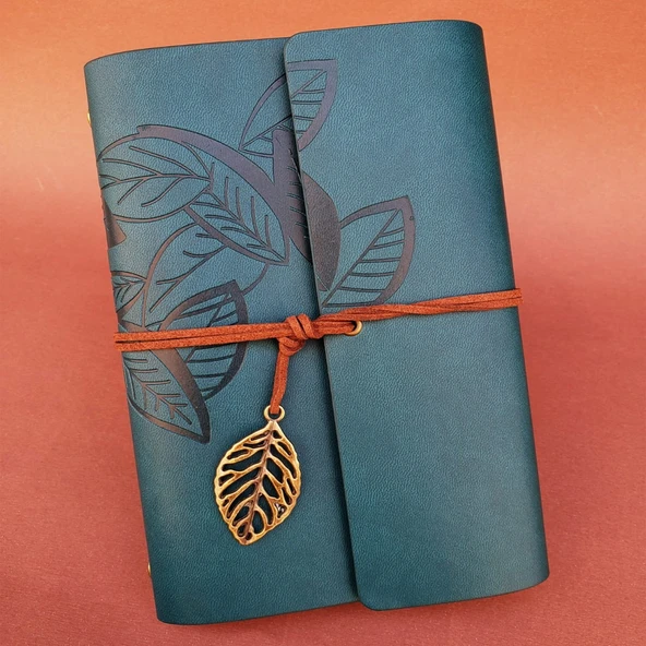Deri Yaprak Desenli Petrol Mavisi Defter ürün görseli 1