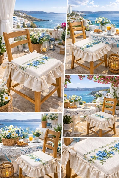 Romantik Ege MAVİ  GÜL KANAVİÇE Nakışlı Fırfırlı Sandalye Minderi ürün görseli 1
