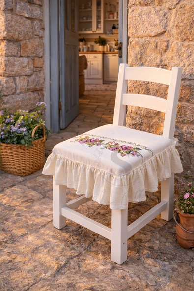 Romantik Ege MOR GÜL KANAVİÇE Nakışlı Fırfırlı Sandalye Minderi ürün görseli 1