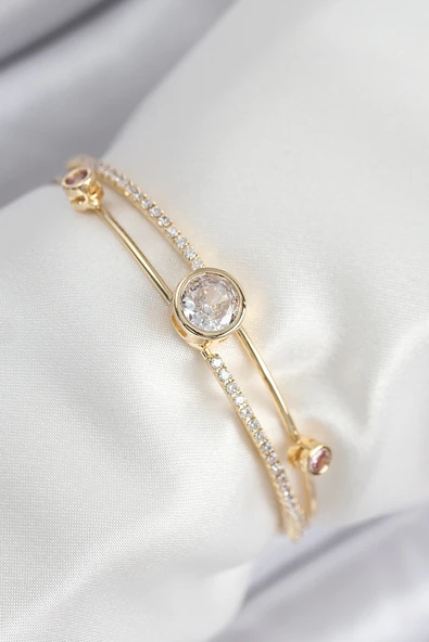 Pirinç Zirkon Taşlı Pırlanta Model Gold Renk Kadın Bileklik - TJ-BB7879 ürün görseli 1