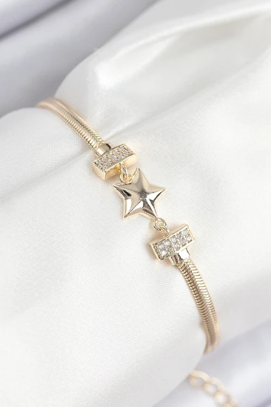 Pirinç Zirkon Taşlı Yıldız Model Gold Renk Kadın Bileklik - TJ-BB7899 ürün görseli 1