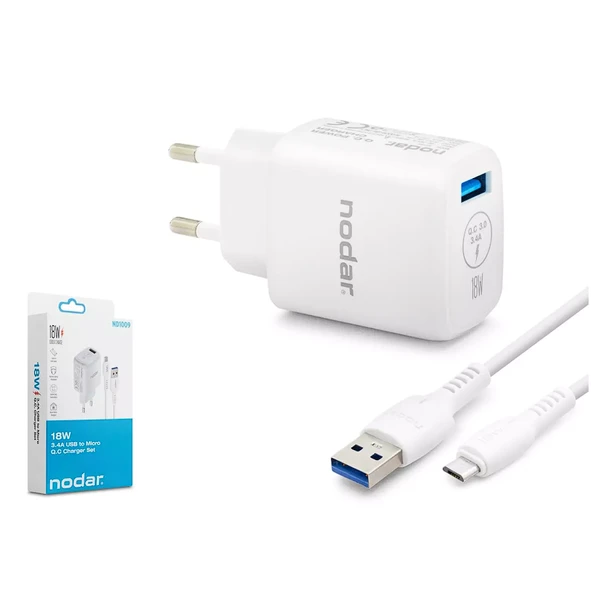 Nodar Nd-1009 Usb To Micro Usb Fast Şarj Seti Q.C 3.0 3.4A 18W Beyaz (AVD-351) ürün görseli 1