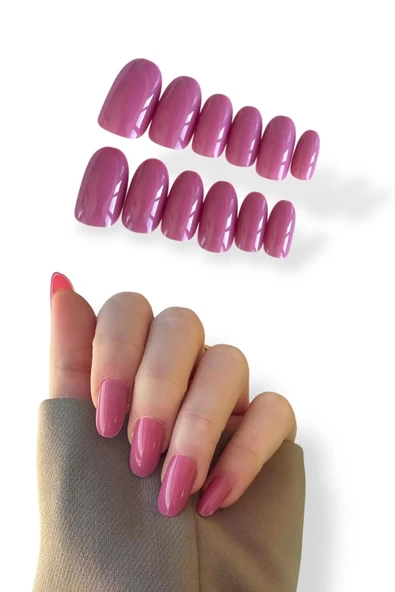 Caş Dekorasyon 12'li Koyu Pembe Renk Takma Tırnak Set (Yapıştırıcılı) ürün görseli 1