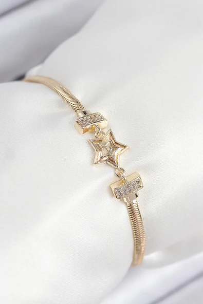 Pirinç Zirkon Taşlı Yıldız Model Gold Renk Kadın Bileklik - TJ-BB7903 ürün görseli 1