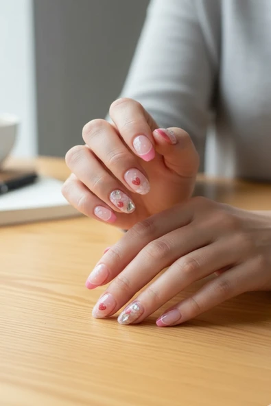 Caş Dekorasyon 12'li Pembe Renk Çilekli Taşlı Takma Tırnak Seti (Yapıştırıcılı) ürün görseli 1