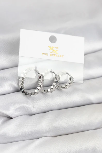 Pirinç Gümüş Renk Zirkon Taşlı Petek Halka Model YSX Trio Küpe Seti - TJ-BKP11567 ürün görseli 1
