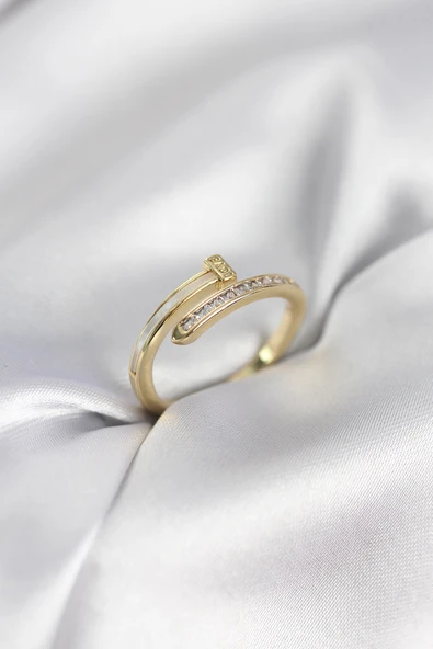 Zirkon Taşlı Gold Renk Yassı Çivi Model Kadın Yüzük - TJ-BYK3961 ürün görseli 1