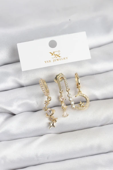 Pirinç Gold Renk Zirkon Taşlı Uzay Model YSX Trio Küpe Seti - TJ-BKP11568 ürün görseli 1